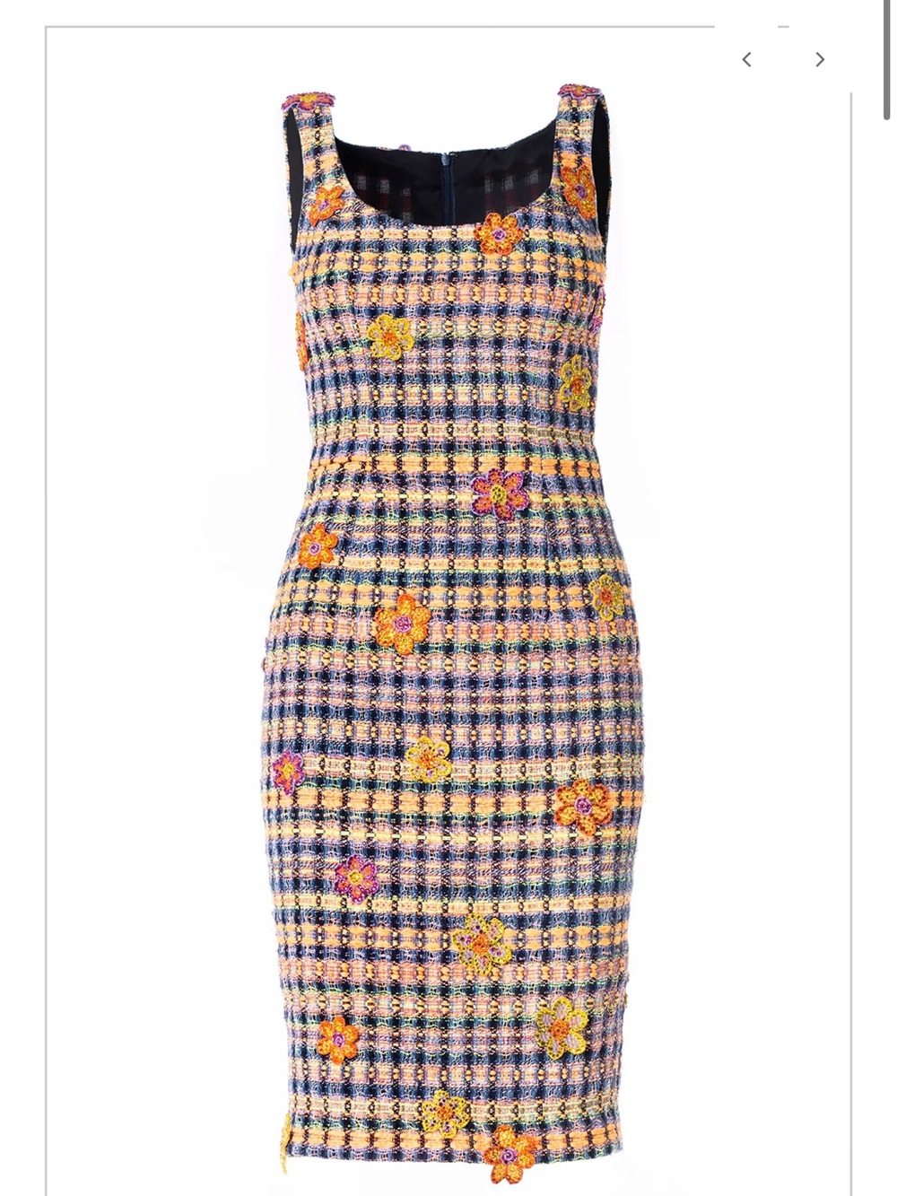 Sleeveless Midi Tweed Sheath Dress with Floral Embroidery & Jacket